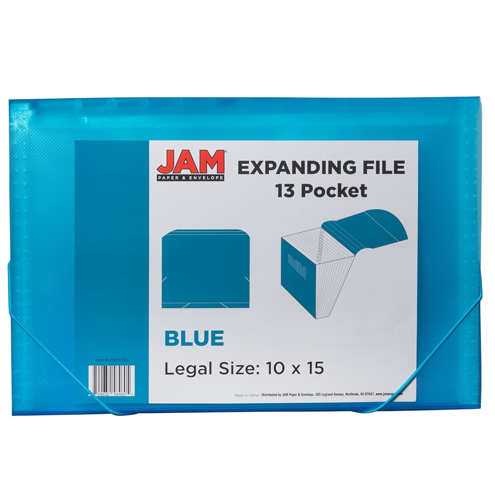 JAM Paper 13 Pocket Expanding File, Blue, 1/Pack, Legal Size, 10 x 15