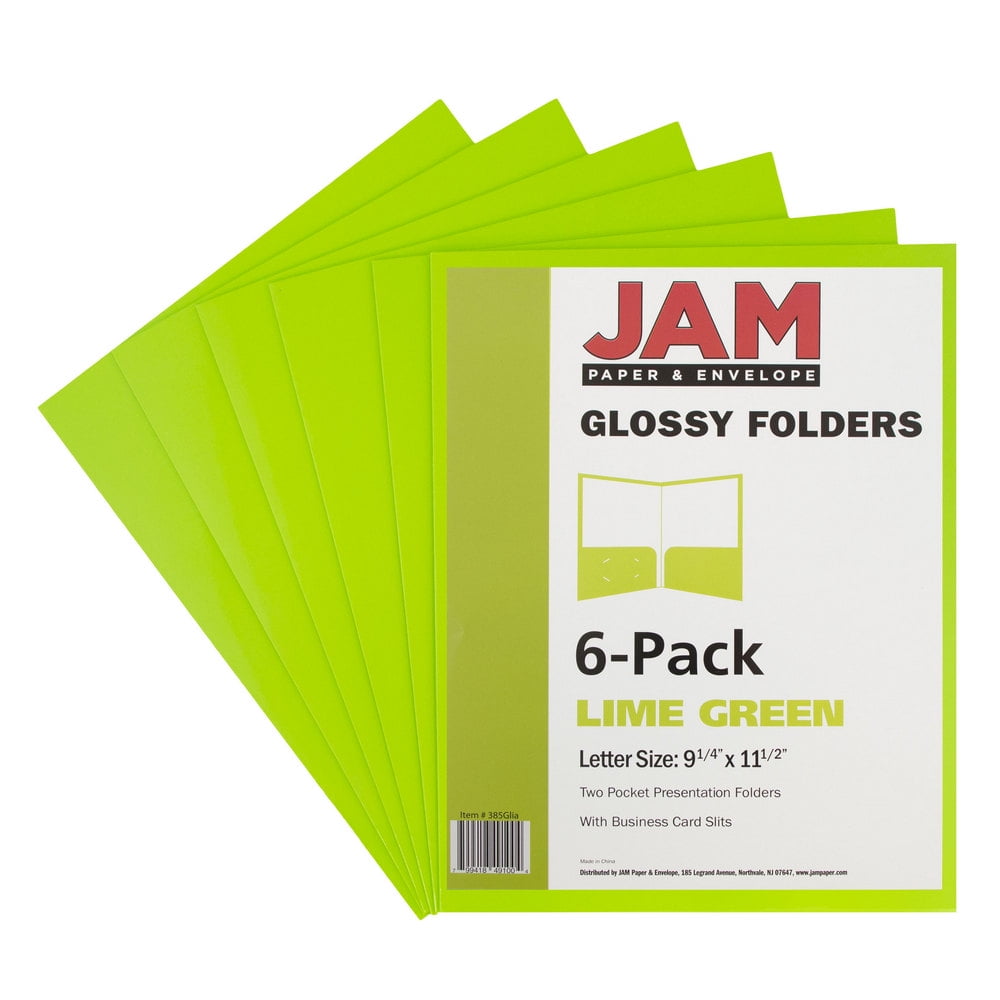 JAM Paper Glossy Two Pocket Folders, Lime Green, 6/Pack