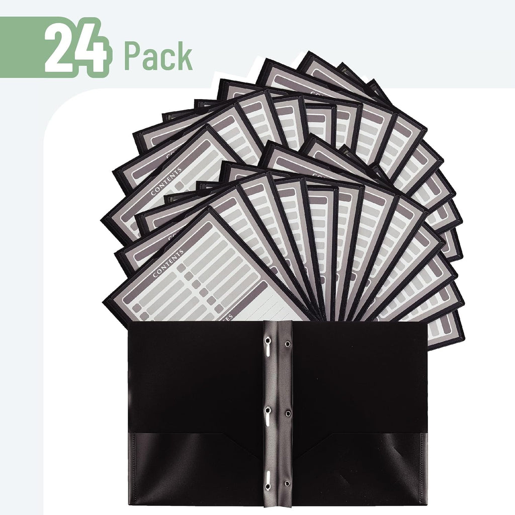 Black Plastic Folders with Pockets and Prongs, 24 Pack, Letter Size, Black Flexible Plastic Folders with Prongs, Clear Front Pocket and Card Slot