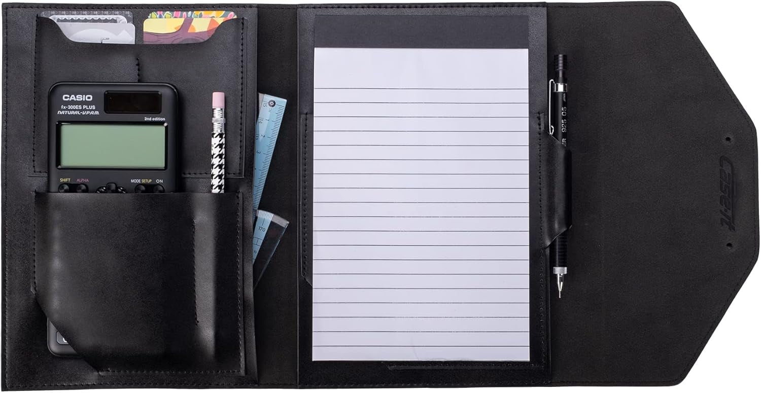 Case-it Tycoon Mini Padfolio Portfolio with Letter Size Writing Pad, Tri Fold Snap Closure, Black (Pad-37-MI)