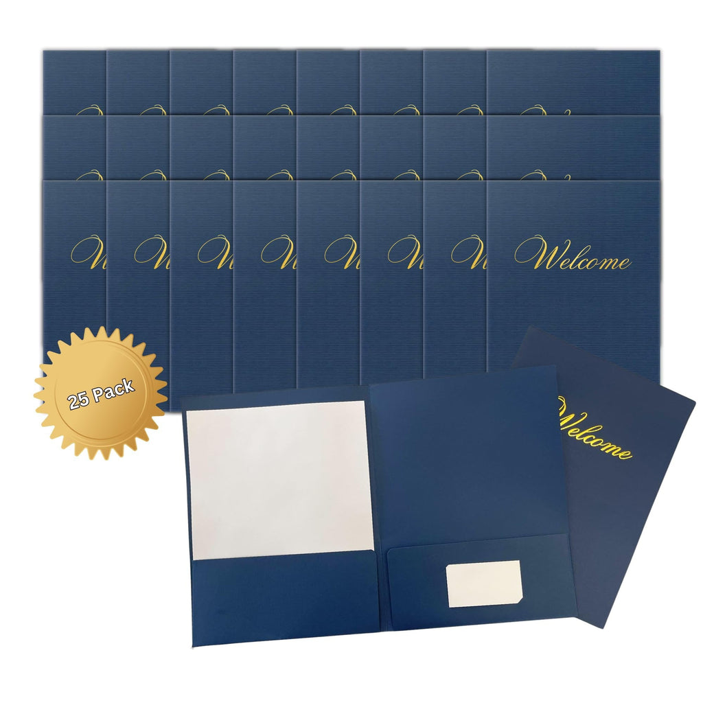 Welcome Packet Folders Dark Blue Linen Full Size with Two Pockets  25 pk 9x12 Gold Foil Membership, Church, Team, New Hire, Visitors Business Card Insert HR Professional