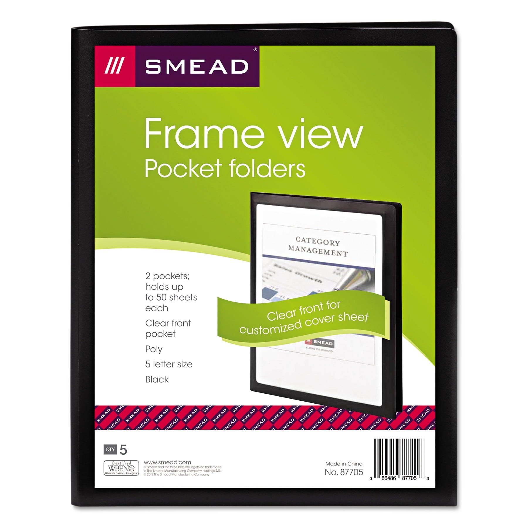 Smead Frame View Poly Two-Pocket Folder 11 x 8 1/2 Clear/Black 5/Pack 87705