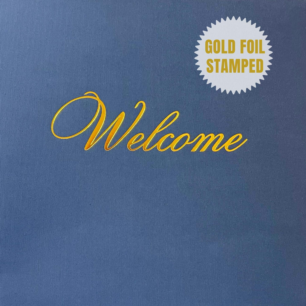 Welcome Packet Folders Dark Blue Linen Full Size with Two Pockets  25 pk 9x12 Gold Foil Membership, Church, Team, New Hire, Visitors Business Card Insert HR Professional