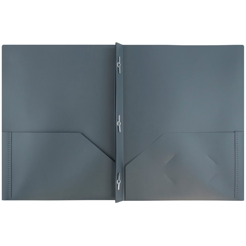 JAM Paper Plastic 2 Pocket School POP Folders with Metal Prongs Fastener Clasps, Grey, Bulk 96/Pack