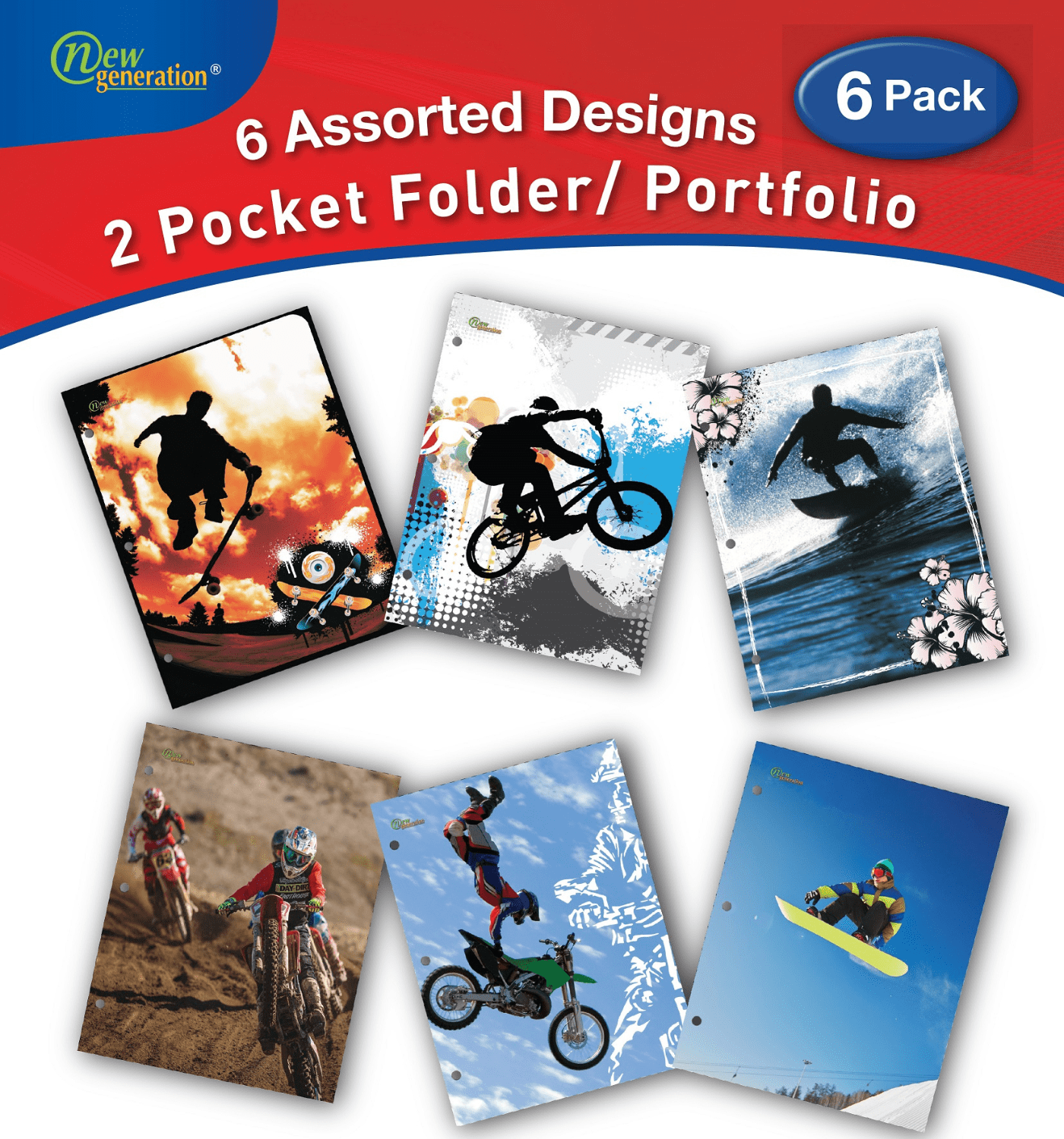 New Generation Extreme Zone Fashion School 2-Pocket Folders, Assorted Colors, 6 Count