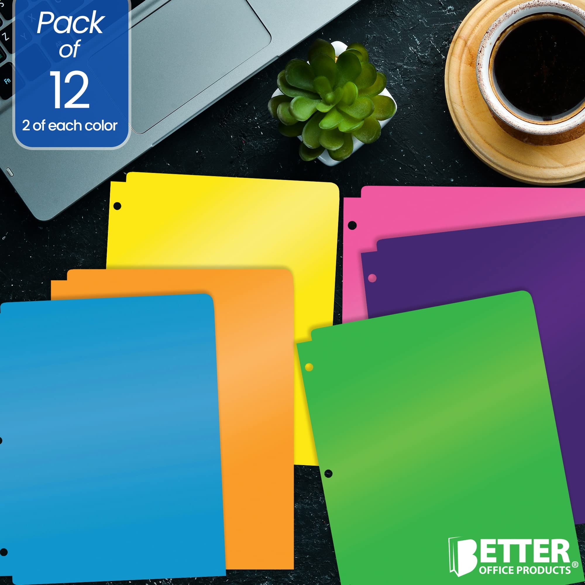 3 Hole Punch Pocket Folders, Heavyweight Plastic 2 Pocket Folders, Bulk Pack, Assorted Bright Neon Colors, Letter Size, with Business Card Slot, by Better Office Products (6 Pack)