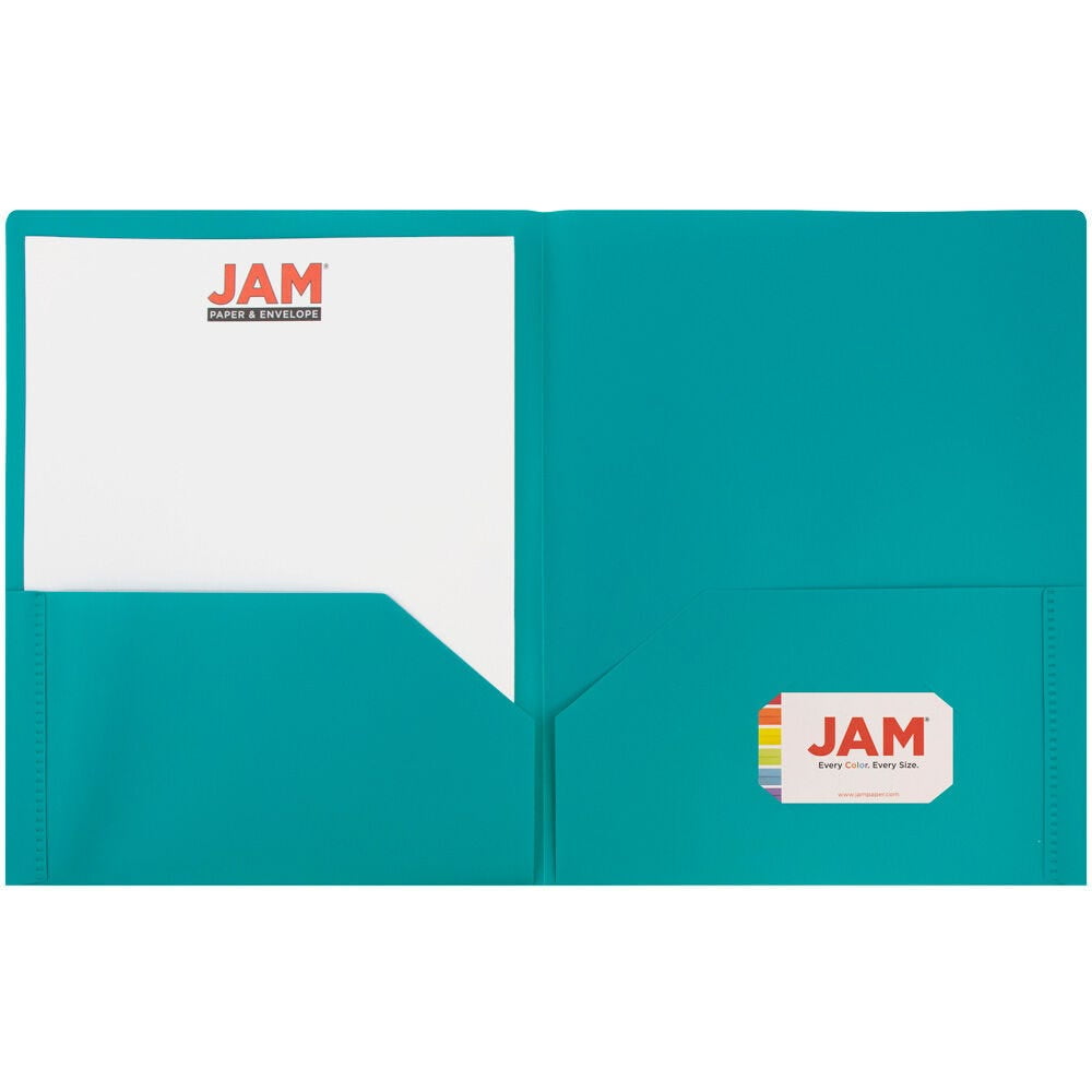 JAM Paper Plastic 2 Pocket POP Folders, School Folders, Teal Blue, Bulk 48/Pack