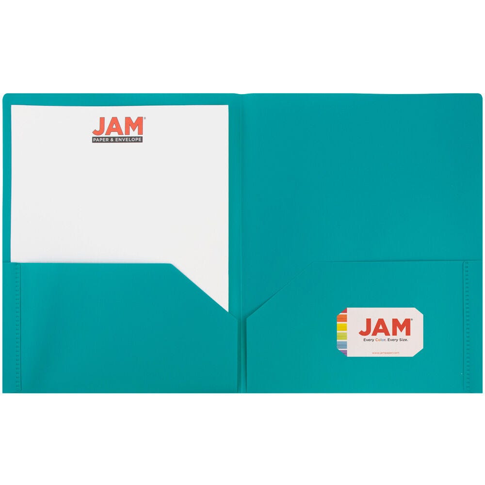 JAM Paper Plastic 2 Pocket POP Folders, School Folders, Teal Blue, Bulk 144/Box
