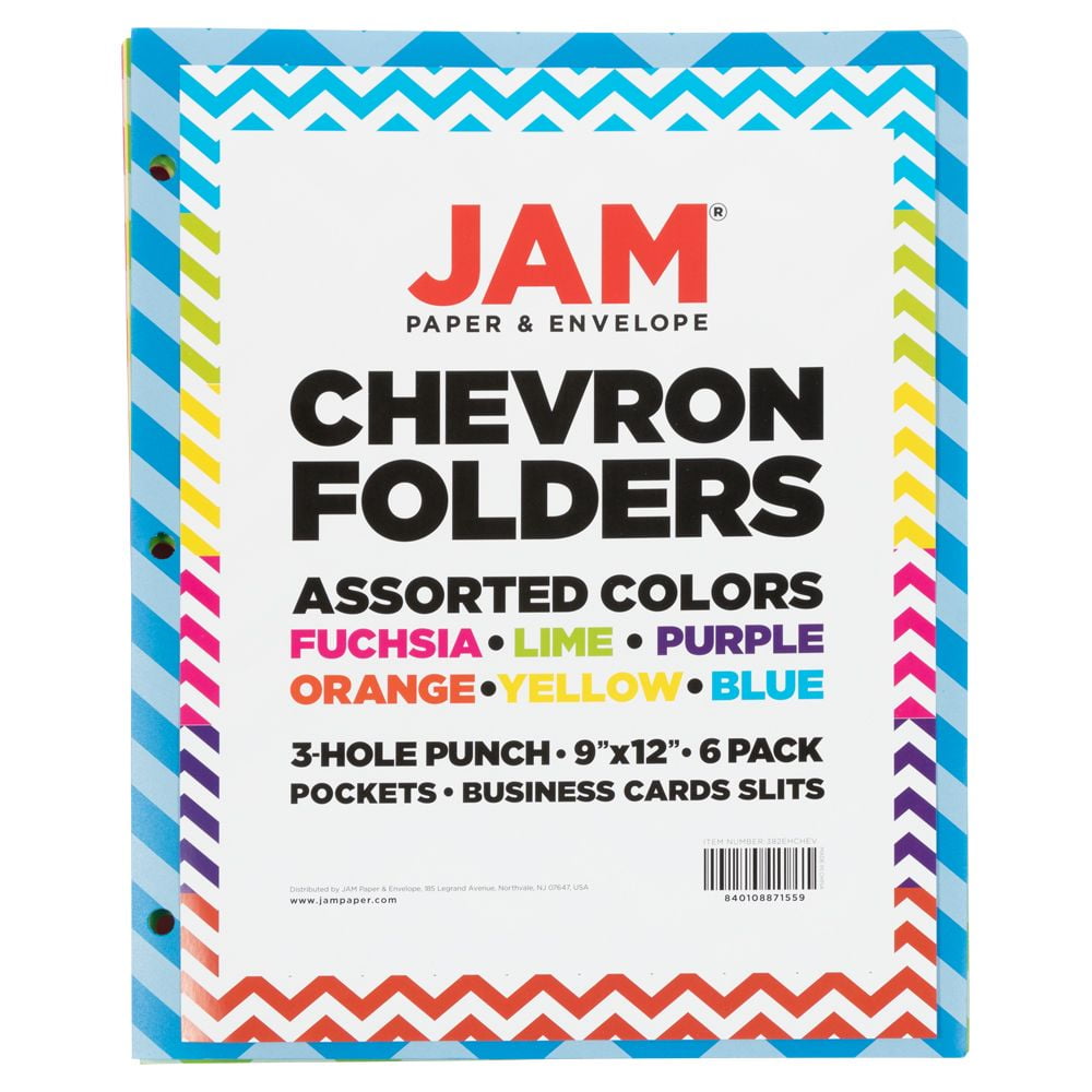 JAM Paper 3 Hole Punch Chevron Pop Folders, Assorted Fashion, 9.5 x 11.5, 6/Pack