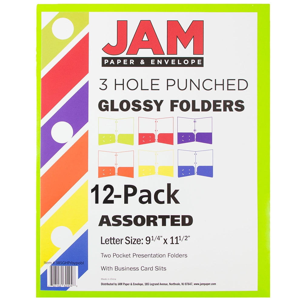 JAM Paper Glossy 3 Hole Punch Folders, Assorted, 12/Pack