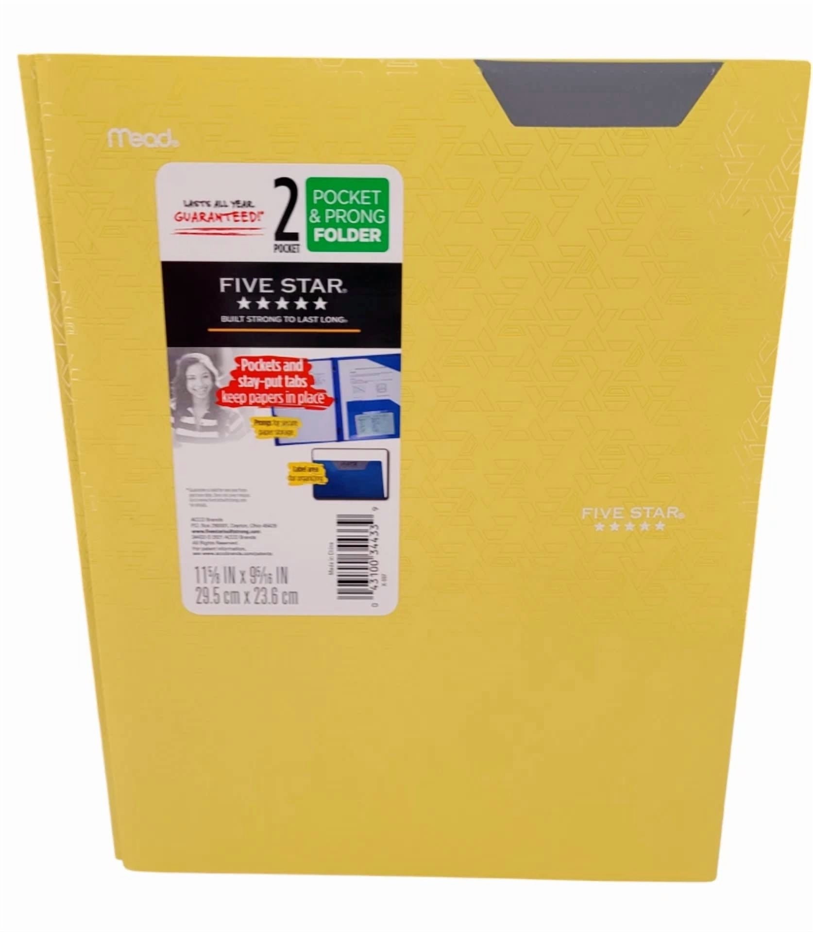Lot 3 Five Star 2 Pocket Folder & Prong Fasteners, Stay-Put Folders, Yellow New