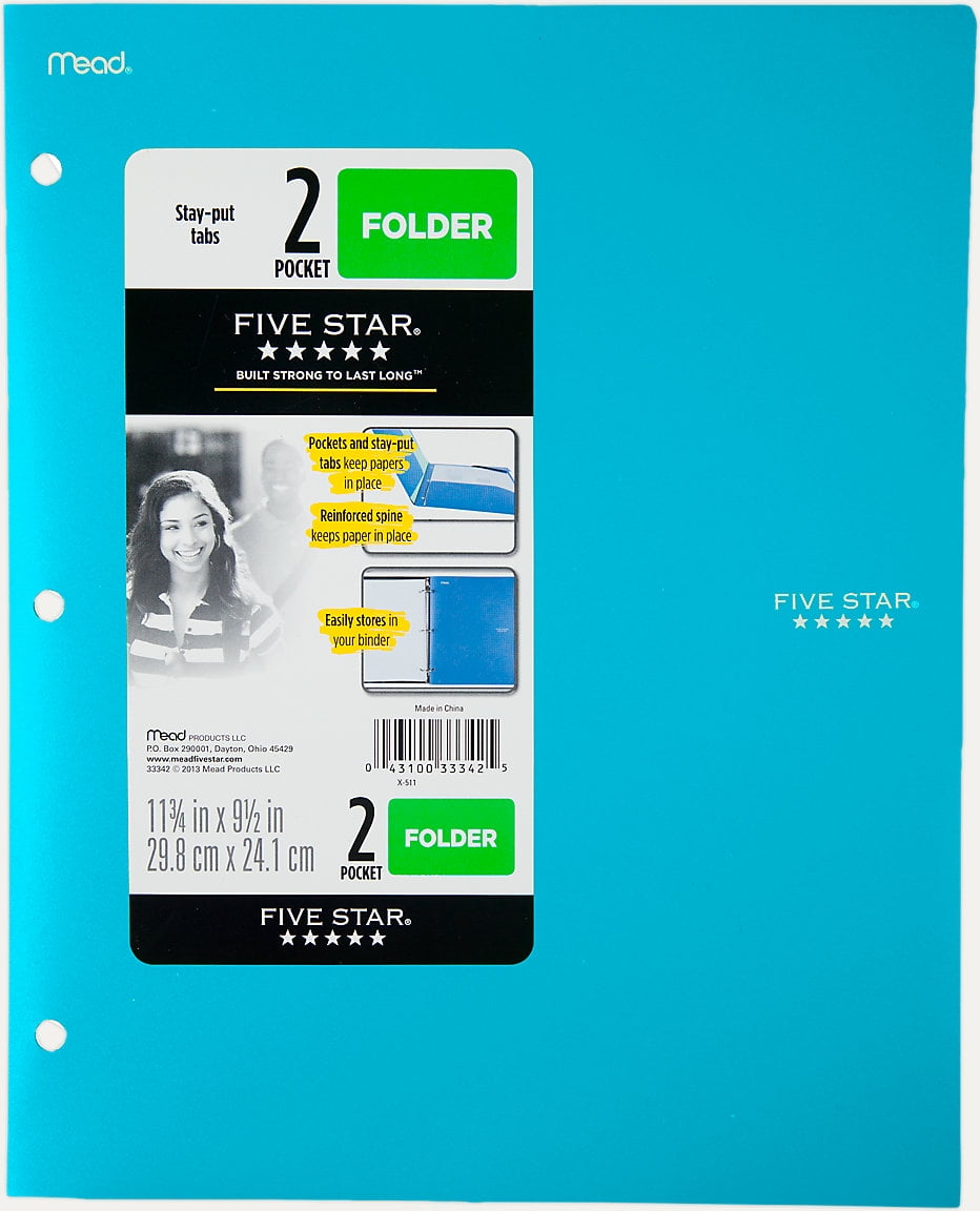 Five Star 2-Pocket Stay-put Tabs Folder with Three Hole Punched Teal (33943)