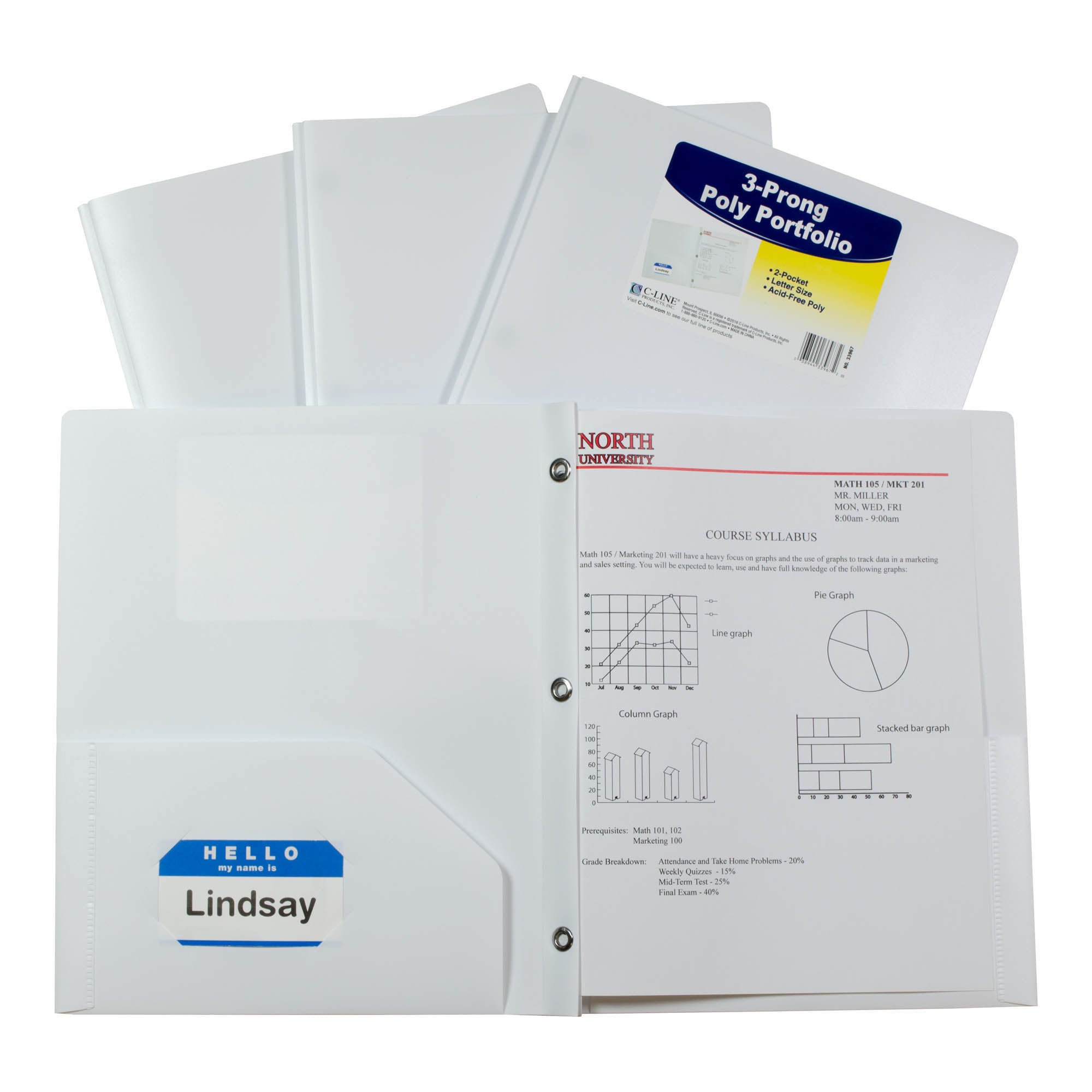 Two-Pocket Heavyweight Poly Portfolio Folder with Prongs, White, 1/EA (Set of 25 EA)