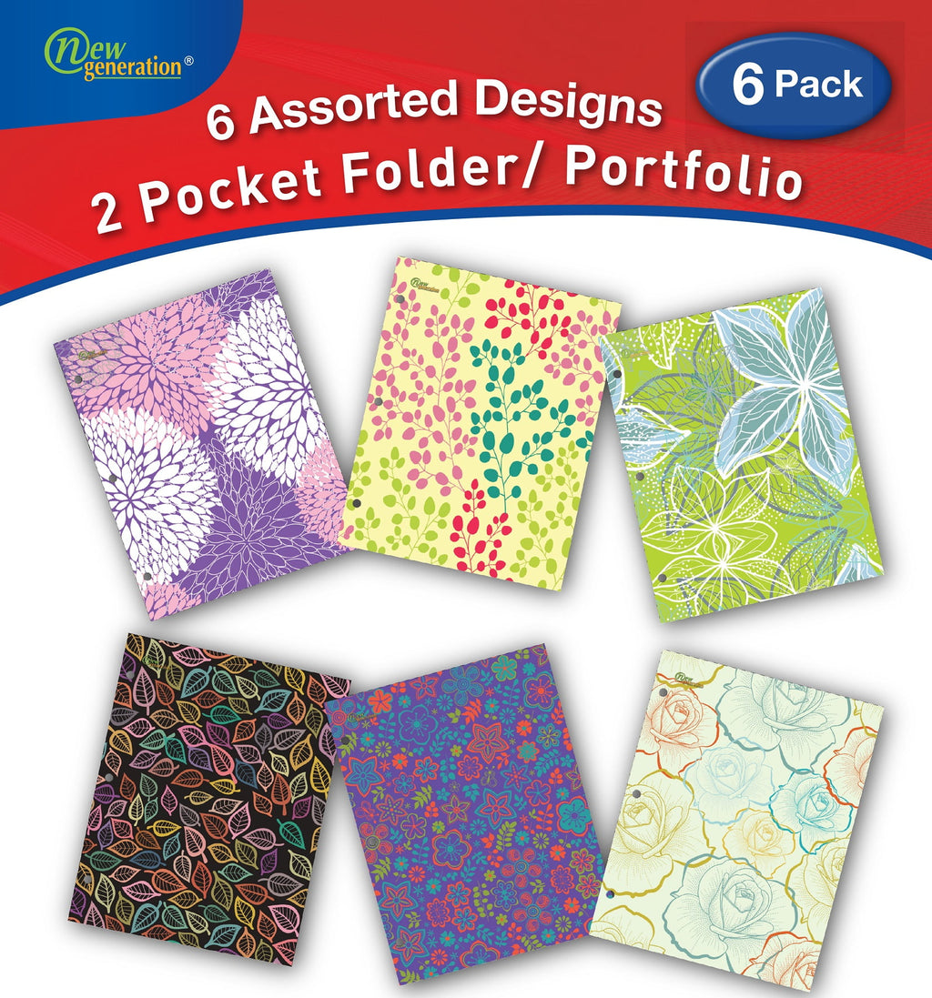 New Generation Floral 2-Pocket Folders, 12 x 9.25 in, Multicolor, 6 Count