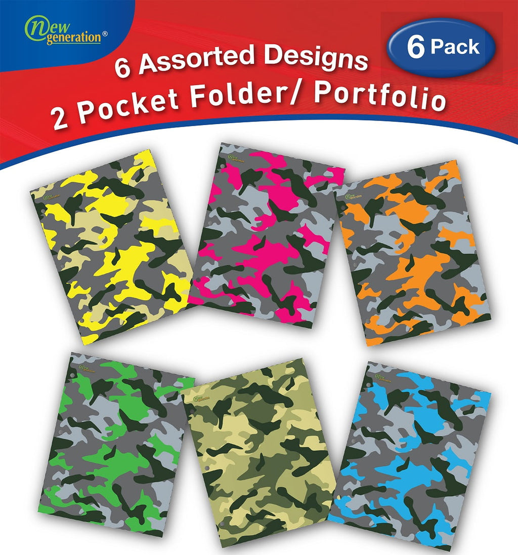 New Generation Camouflage 2-Pocket Folders, 12" x 9.25" Fashion School Folders with Two Pockets, 6 Count