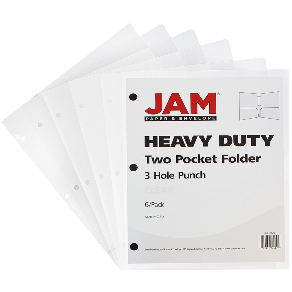 JAM Paper Heavy Duty Plastic 3 Hole Punch School Folders with Pockets, Clear, 6 per Pack