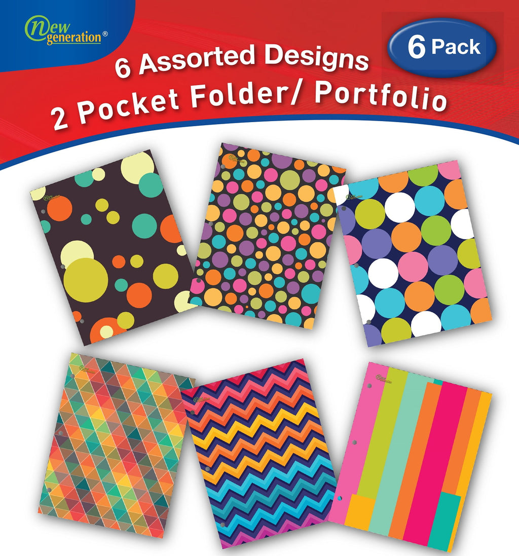 New Generation 2-Pocket Folders, Assorted Pattern Designs , 6 Count