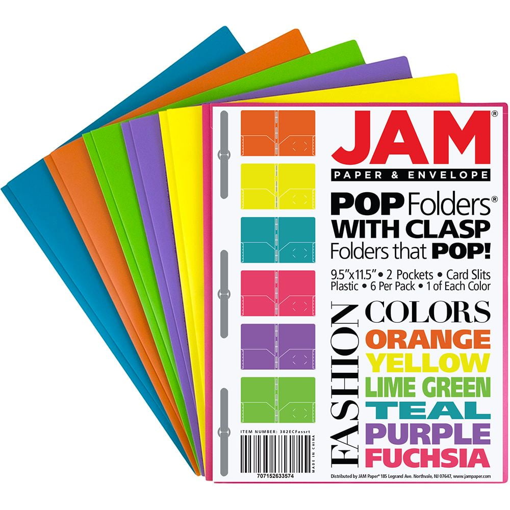 JAM Paper Two Pocket Plastic Folders with Clasps, Assorted Fashion Colors, 6 per pack