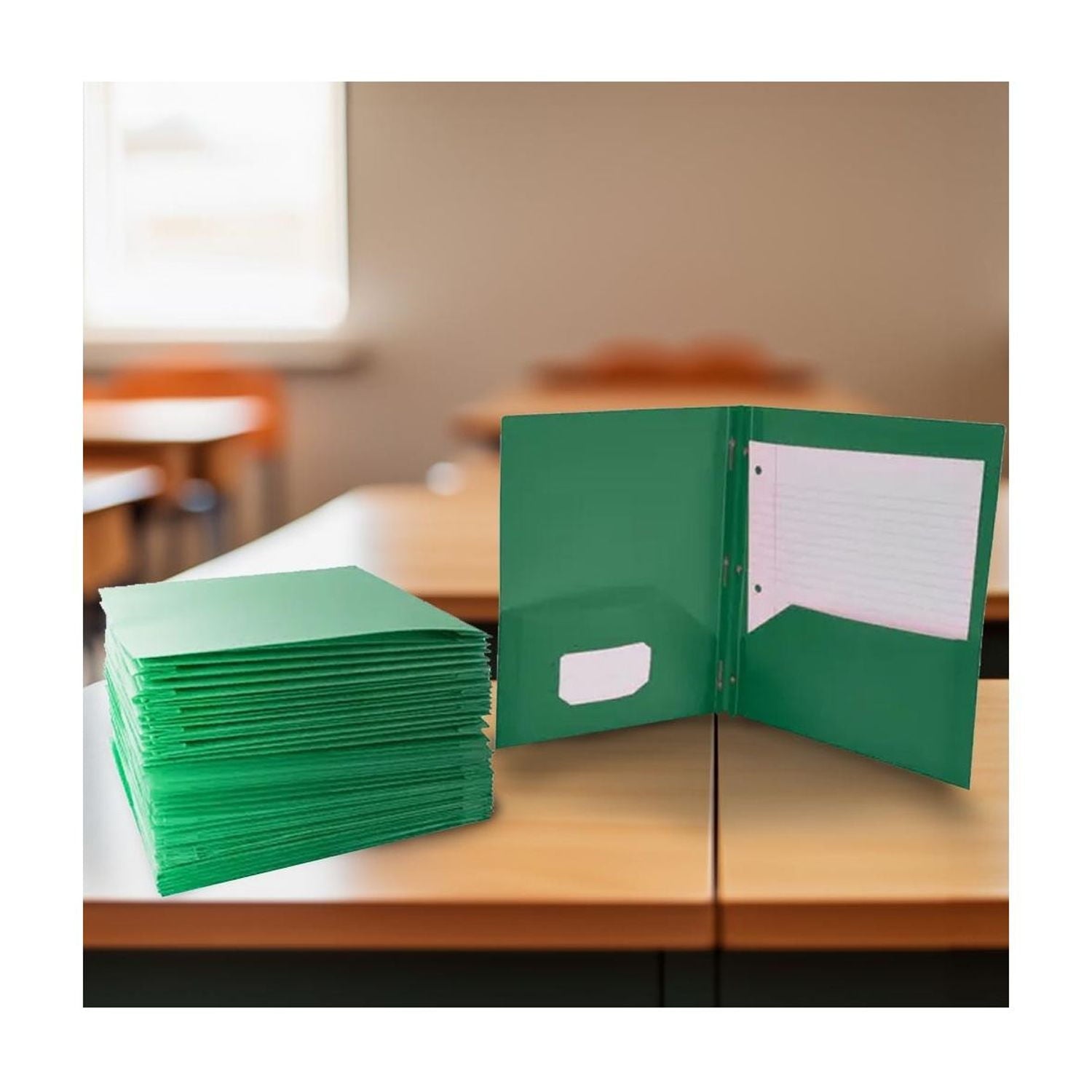 2-Pocket Poly Folders with Fasteners, Green, Pack of 25