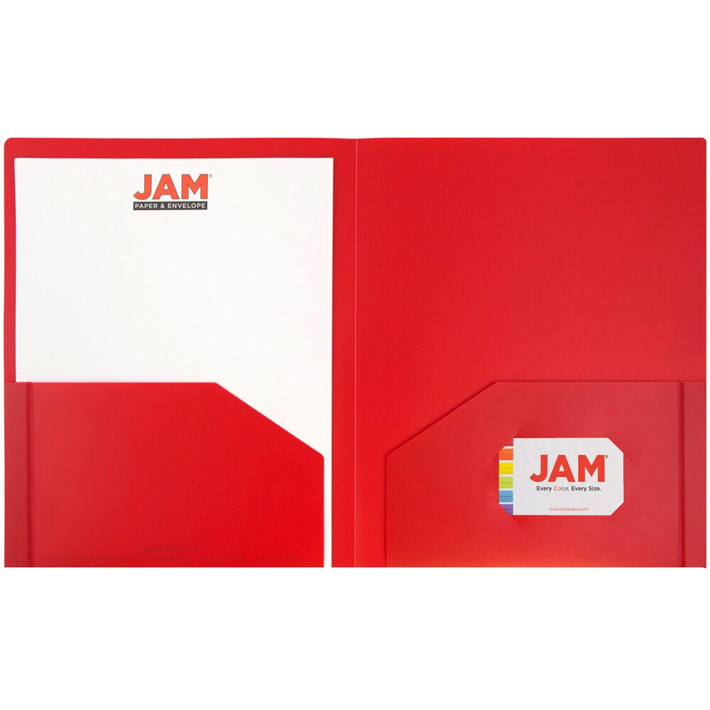 JAM Paper Heavy Duty Plastic 2 Pocket Extra Tough School Folders, Red, Bulk 48/Pack