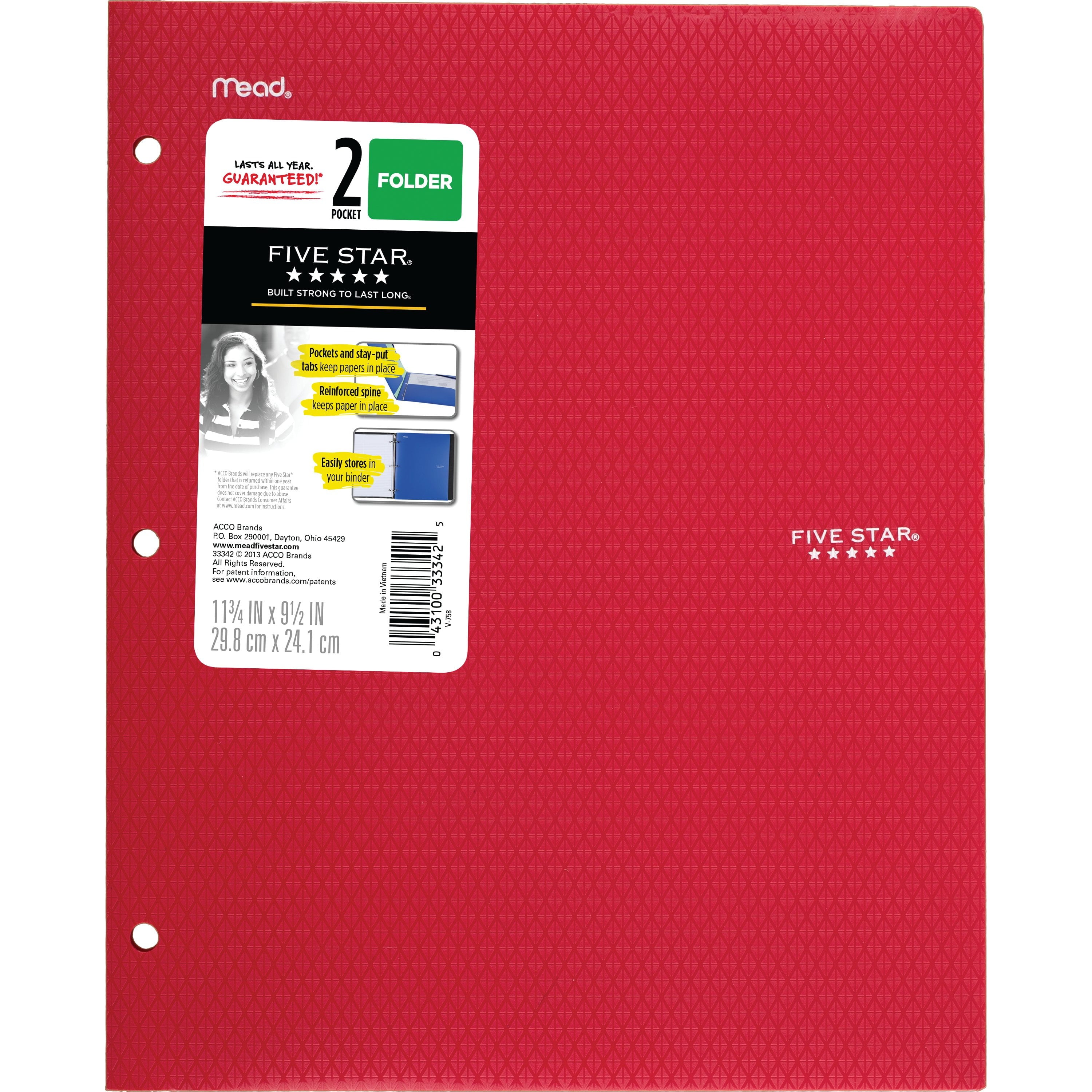 Five Star 2-Pocket Stay-Put Plastic Folder Primary 4 Pack (38049)