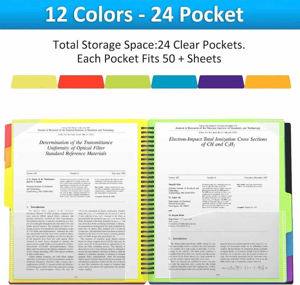 12 Pocket Plastic Folders With Pockets, 6 Colors Multi Pocket Folder Binder With