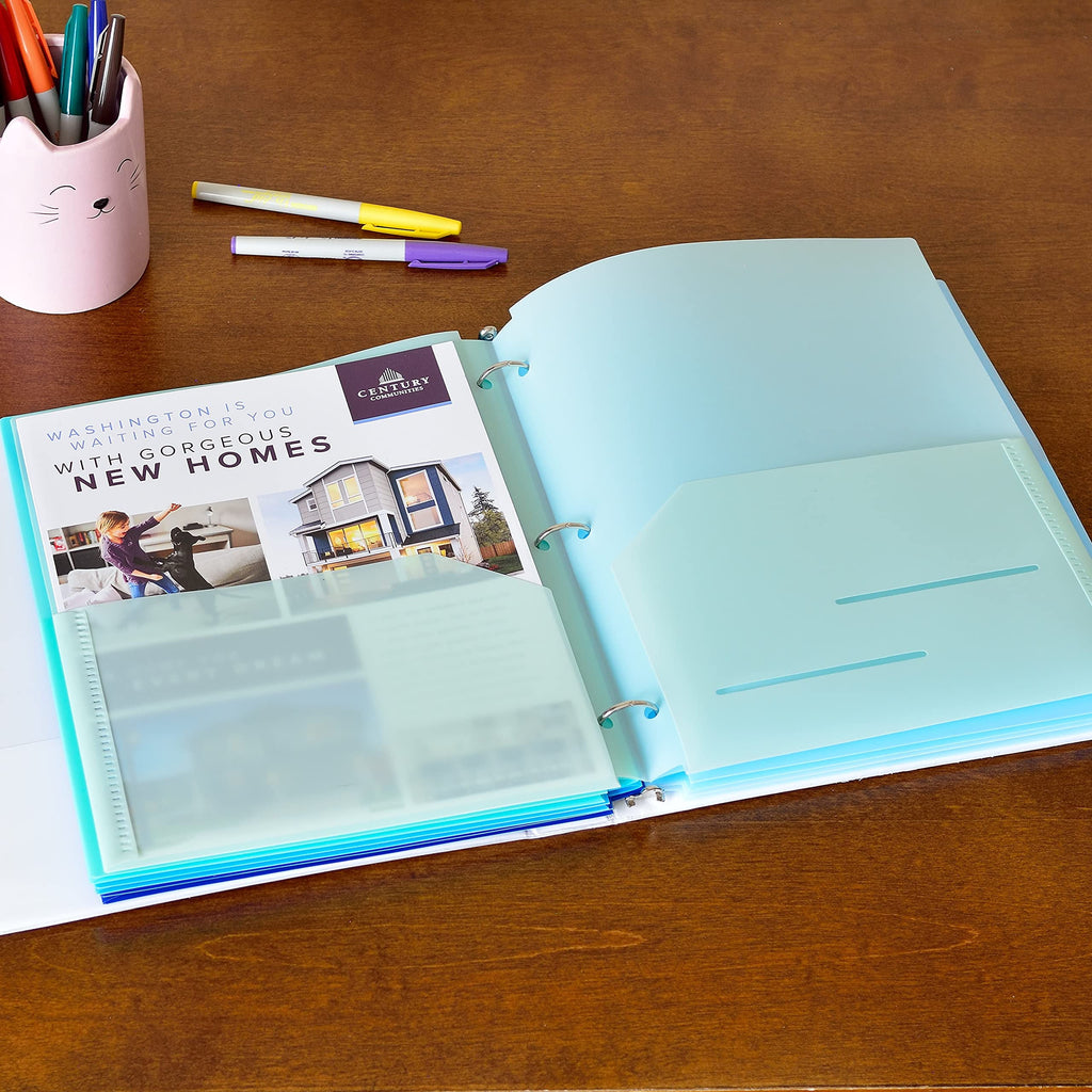 Youngever 6 Pack Heavy Duty Plastic Two Pocket Folders, Binder Dividers with Pocket, 3 Hole Punch Folder with Notches, Binder Folders