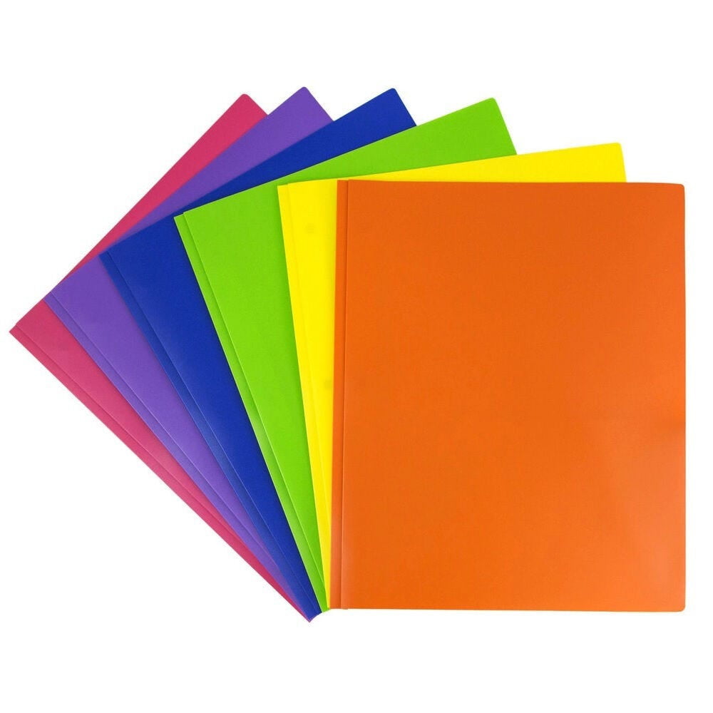 JAM Paper Plastic 2 Pocket POP Folders with Prongs Fastener Clasps, Assorted Primary Colors, Bulk 48/Pack