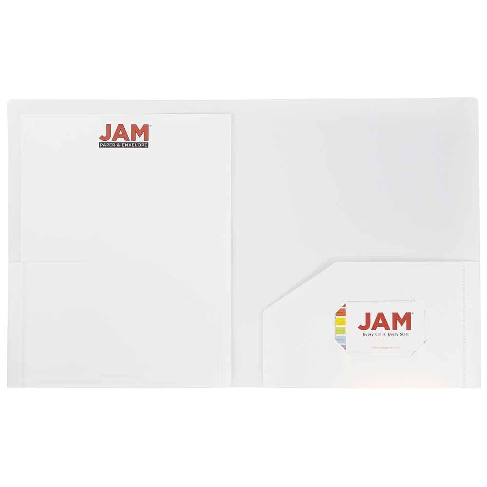JAM Paper Heavy Duty Plastic 2 Pocket Extra Tough School Folders, White, Bulk 144/Box