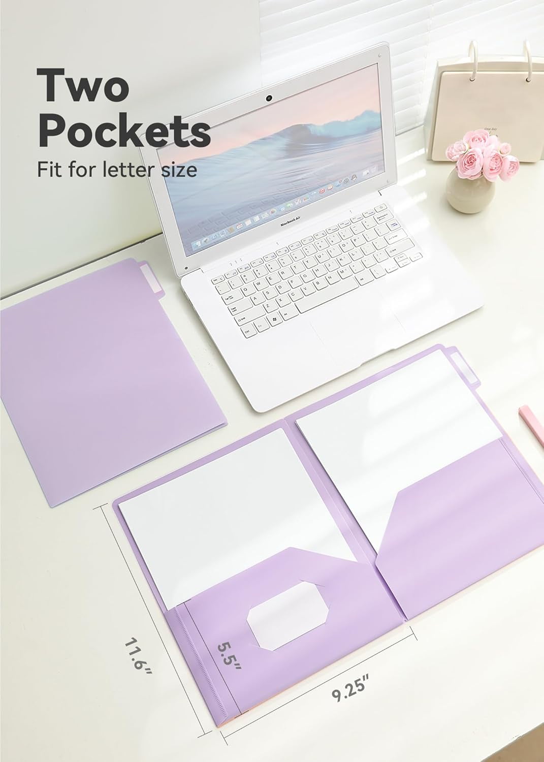 MetalM Plastic Folders with Pockets, 6 Pack Purple Folders for School, Unique 1/3 Cut Tabs with Colorful Labels, Letter Size