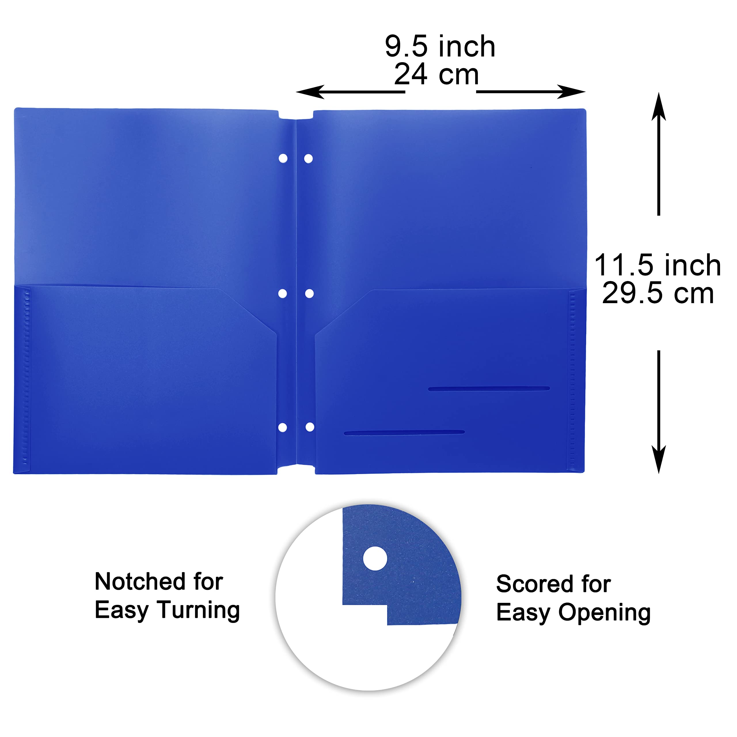 Youngever 6 Pack Heavy Duty Plastic Two Pocket Folders, Binder Dividers with Pocket, 3 Hole Punch Folder with Notches, Binder Folders (Dark Blue)