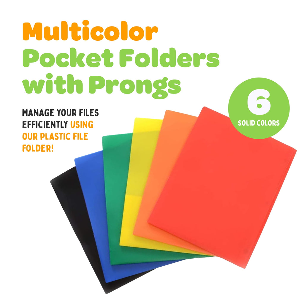 2 Pocket Multicolor Plastic Folders with Prong Fasteners, Black, Red, Green, Blue, Yellow, Orange, 6 Pack Plastic Folders