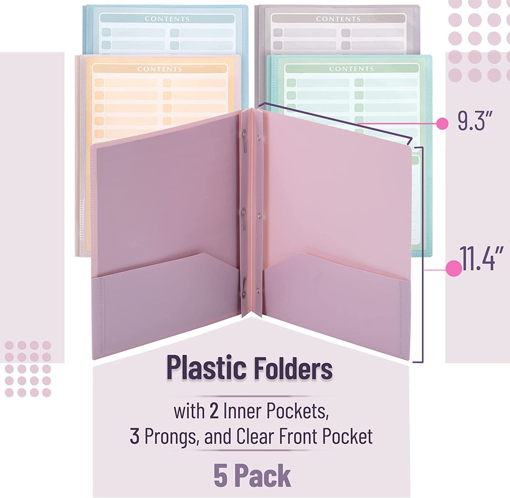 Mr. Pen- Plastic Folders with Clear Front Pocket, 5 pcs, Pastel Colors, Pocket Folders