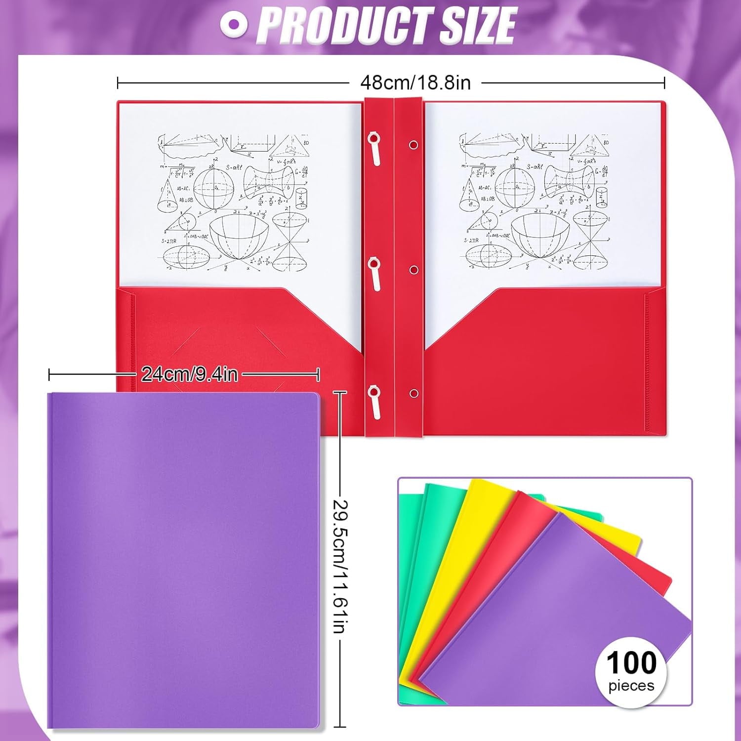 100 Pcs Plastic Folders with Pockets and Prong Folders with Prongs Plastic Folders with 2 Pockets Pocket Folders for Office, School for Students, Teachers, Office Workers (Colorful)