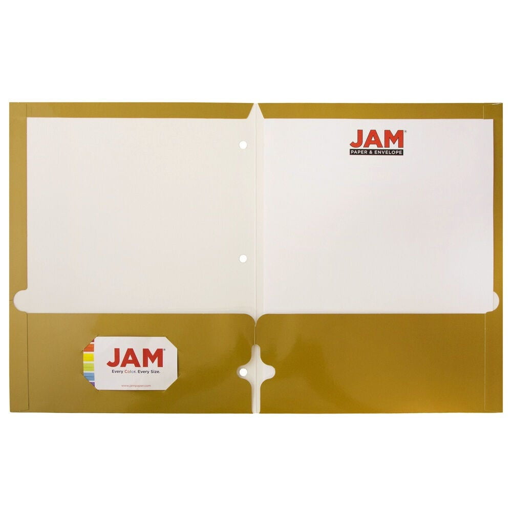 JAM Paper Laminated Two Pocket Glossy 3 Hole Punch School Folders, Gold, 3/Pack