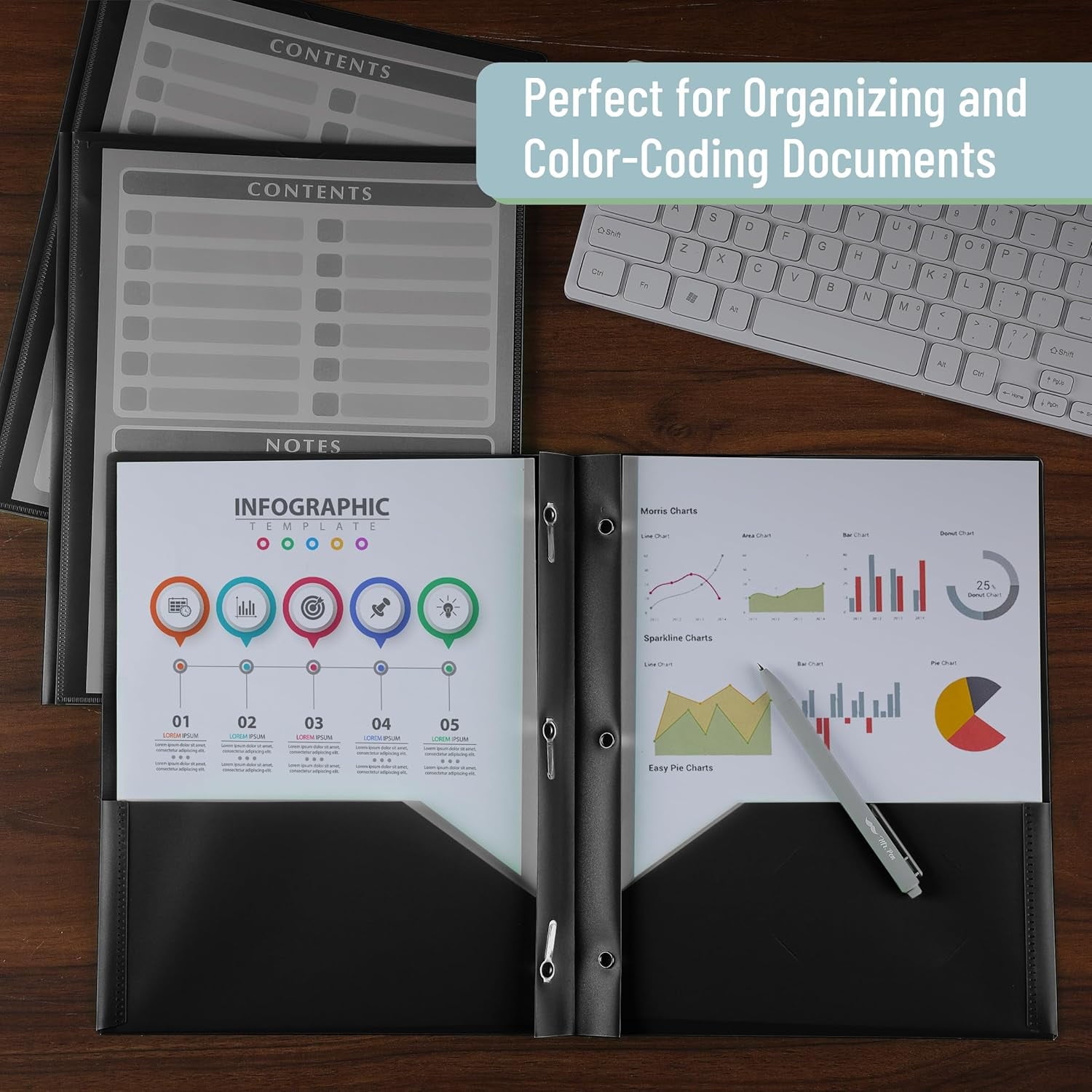 Black Plastic Folders with Pockets and Prongs, 24 Pack, Letter Size, Black Flexible Plastic Folders with Prongs, Clear Front Pocket and Card Slot