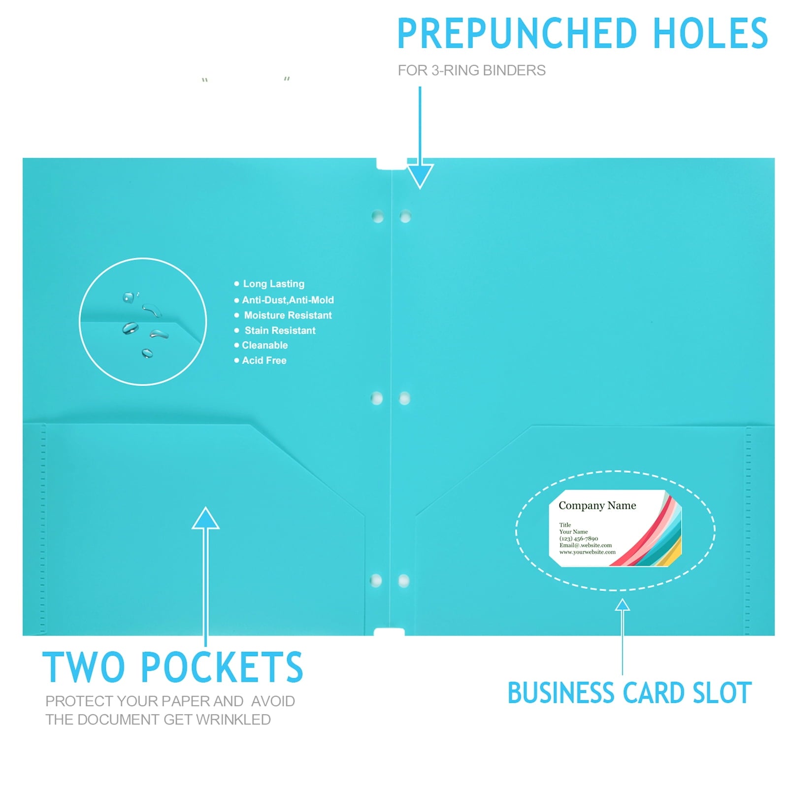 RYWESNIY Plastic Folders with Pockets, 3 Hole Punch School Folders for 3 Ring Binder, Letter Size, Assorted Colors, 8 Pack