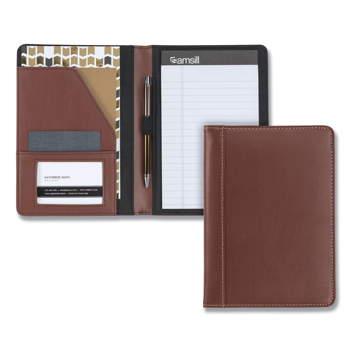 Samsill Contrast Stitch Leather Padfolio, 6 1/4w X 8 3/4h, Open Style, Brown