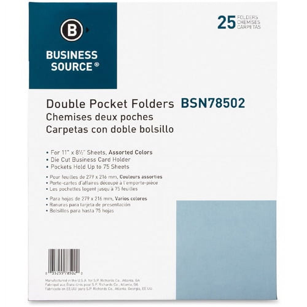 Business Source Two-Pocket Folders Letter - 8 1/2" x 11" Sheet Size - 125 Sheet Capacity - 2 Internal Pocket(s) - Paper - Assorted - 2.20 lb - Recycled - 25 / Box