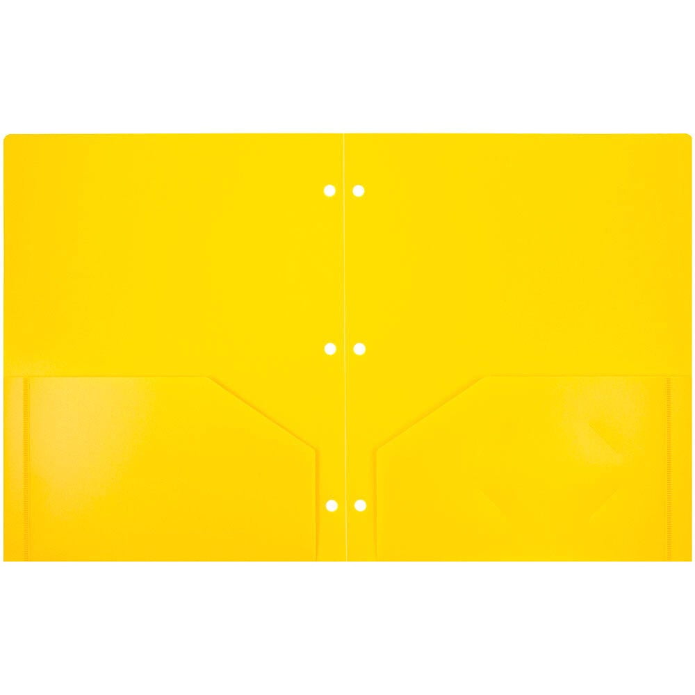 JAM Paper Heavy Duty Plastic 3 Hole Punch Pocket Folders, Extra Tough, Yellow, Bulk 48/Pack