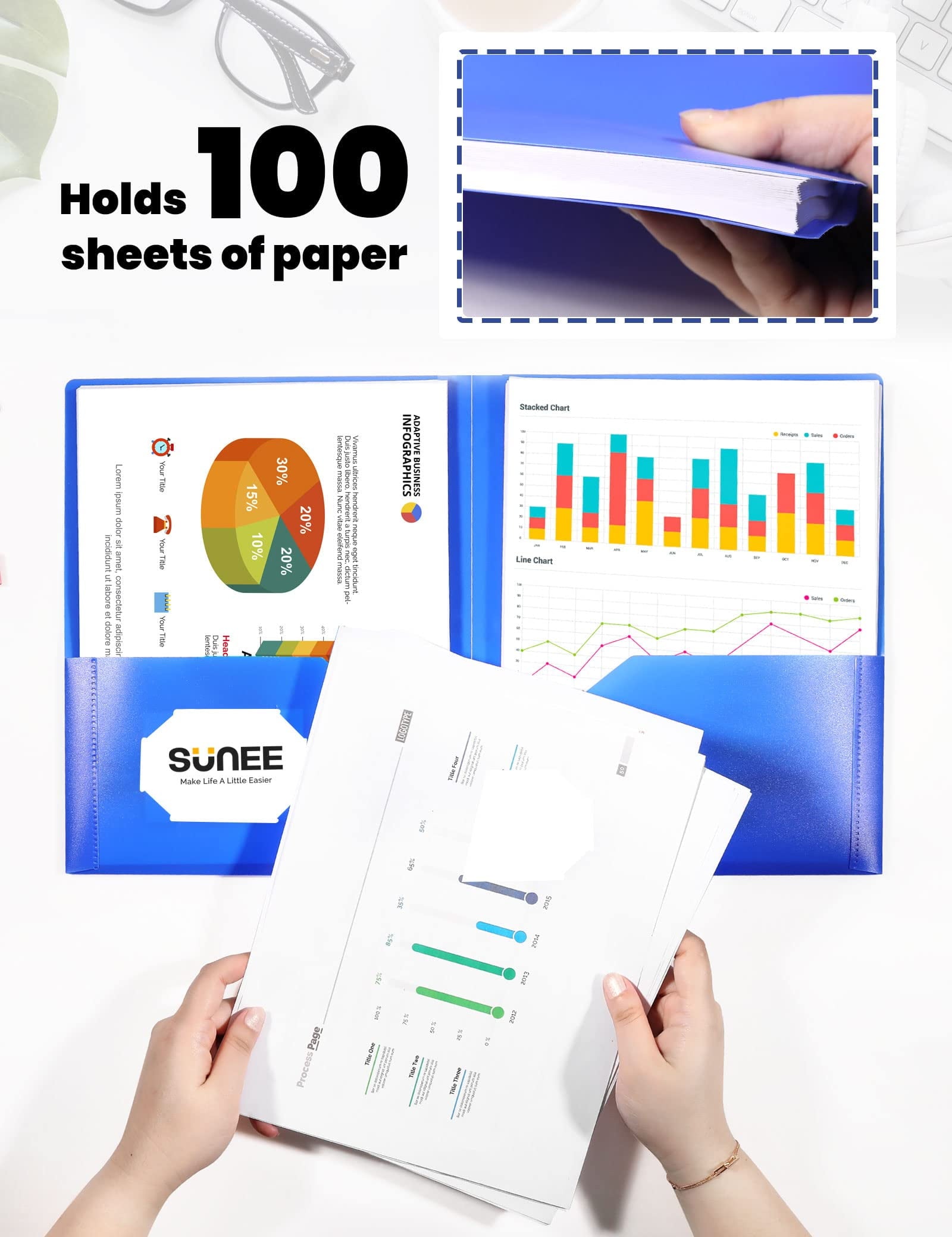 SUNEE Plastic Folders with Pockets, Plastic Work Home Folders,Assorted Colors,Letter Size, 6 Pack