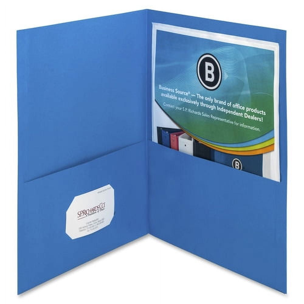 Business Source Two-Pocket Folders Letter - 8 1/2" x 11" Sheet Size - 125 Sheet Capacity - 2 Inside Front & Back Pocket(s) - Paper - Blue - Recycled - 25 / Box
