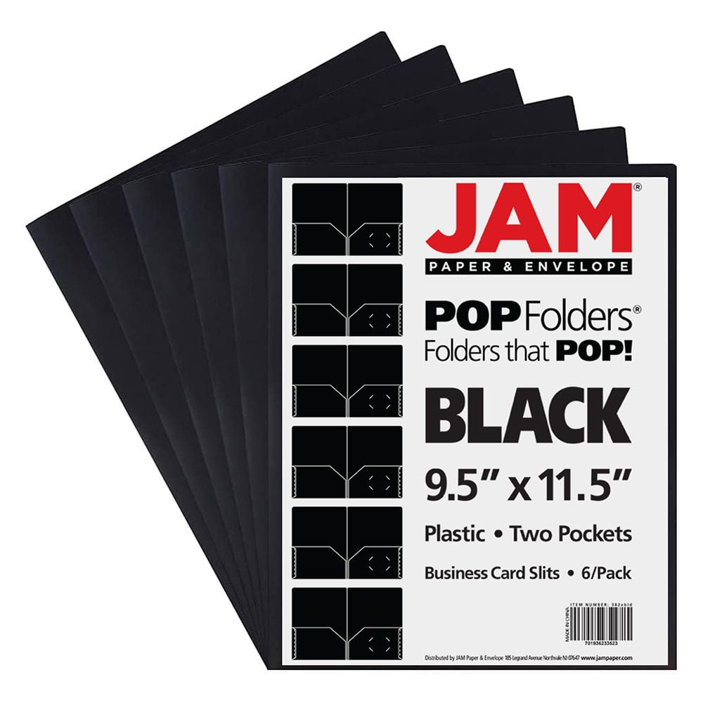 JAM Paper Plastic 2 Pocket School POP Folders, Black, 6/Pack