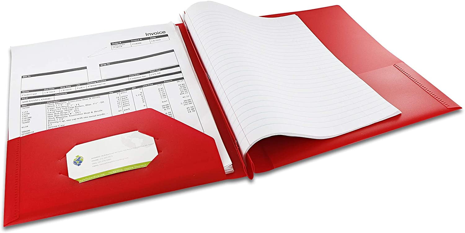 Emraw 2 Pocket Poly Portfolio Two Pockets Folder with 3 Prongs and Business Card Holder Organizer Designed for Home, Office, School, Classroom and More - Actual Colors May Vary (Pack of 3)