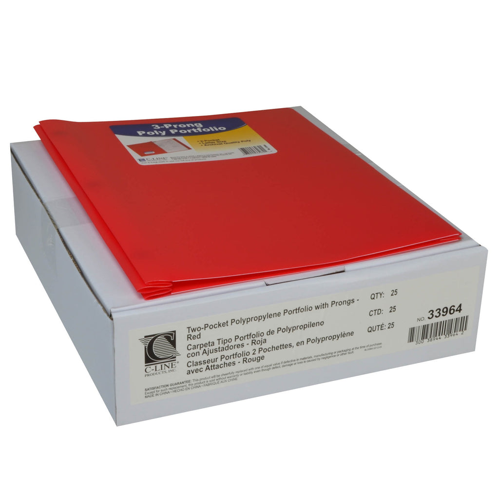 Two-Pocket Heavyweight Poly Portfolio Folder with Prongs, Red (Set of 25 Folders)
