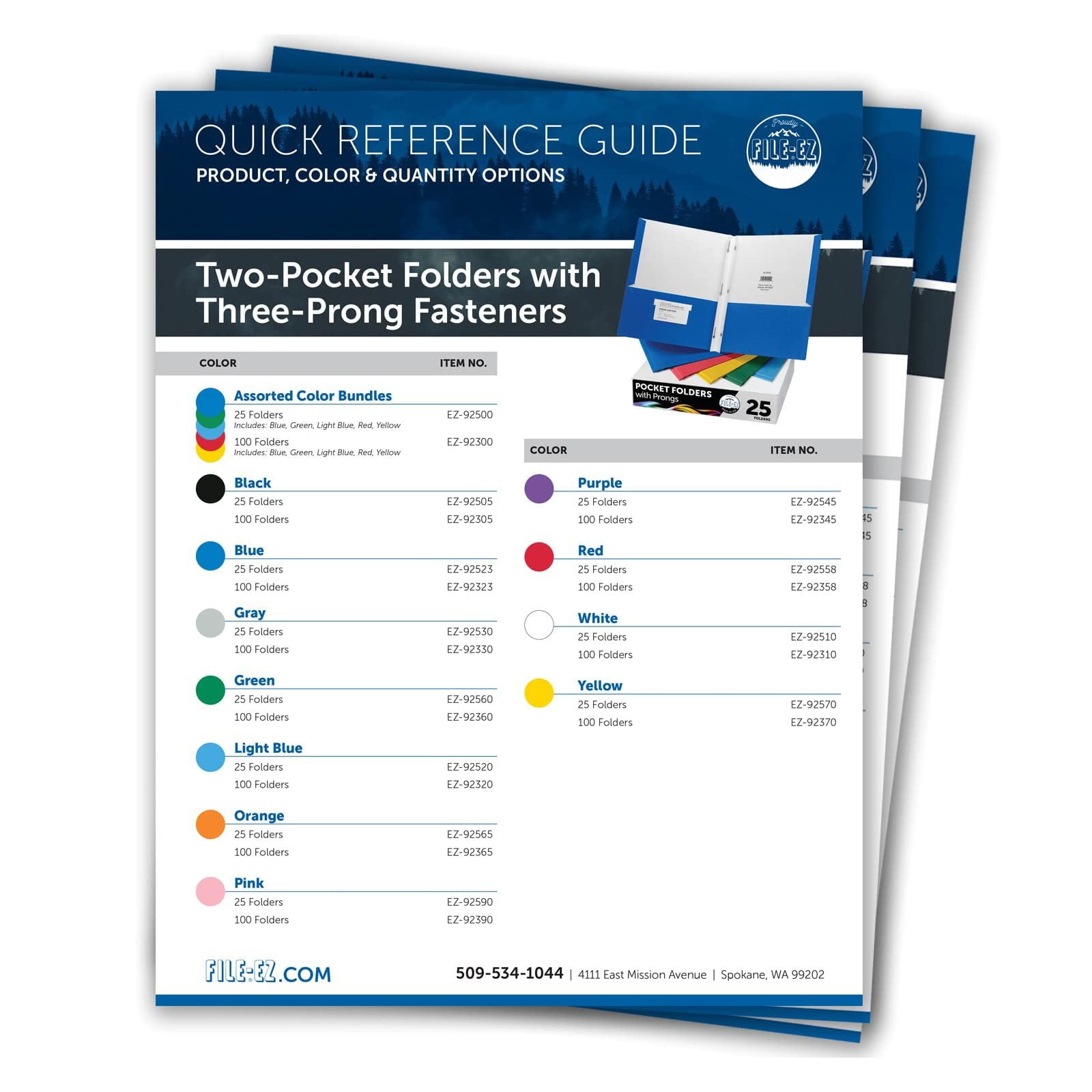 FILE-EZ Two-Pocket Folders with 3-Prong Fasteners, Assorted Colors, 25-Pack, Durable Textured Paper, Matte Finish, Letter Sheet Size (EZ-62500), Made in USA