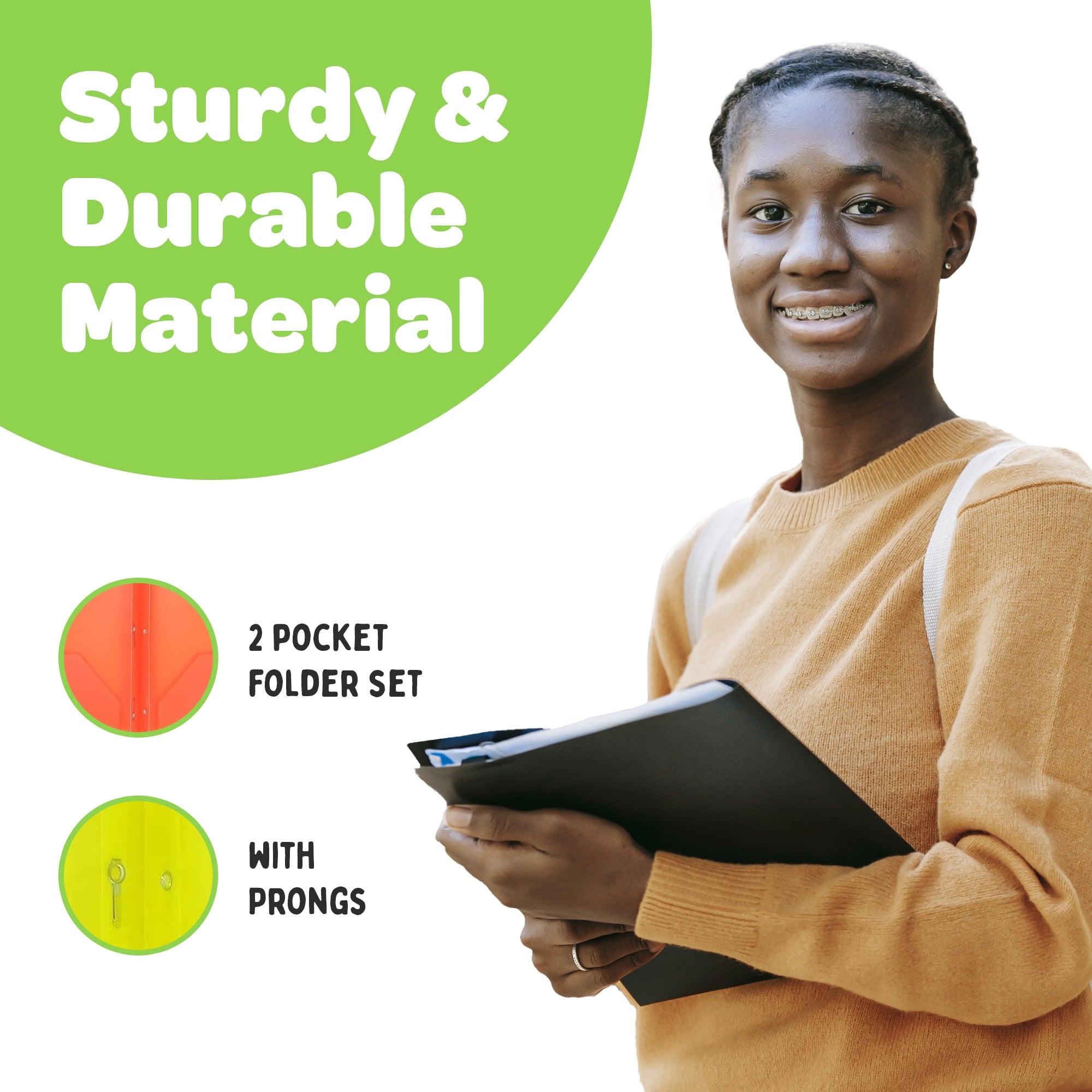 2 Pocket Multicolor Plastic Folders with Prong Fasteners, Black, Red, Green, Blue, Yellow, Orange, 6 Pack Plastic Folders