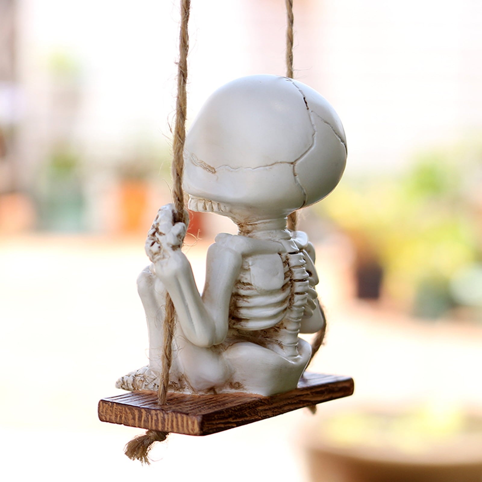 Halloween Skeleton Swing Decoration with Ghost Cat | Resin Garden Statue 3.15in | Outdoor Halloween Decor, Patio & Porch Hanging Ornament