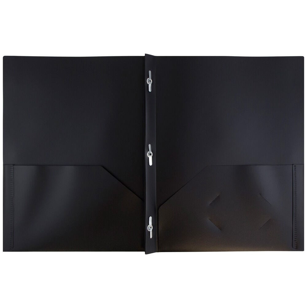 JAM Paper Plastic 2 Pocket School POP Folders with Metal Prongs Fastener Clasps, Black, 3/Pack