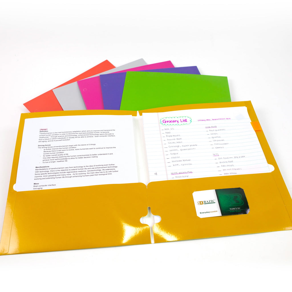 BAZIC 2 Pockets Paper Folder, Metallic Laminated Portfolio 3 Hole, 8-Pack